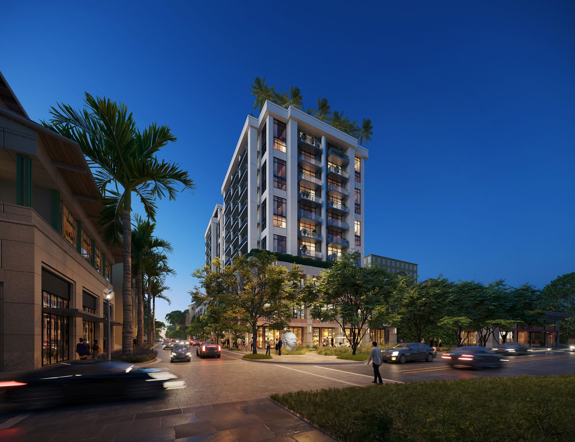 Cora Merrick Park at dusk from the street