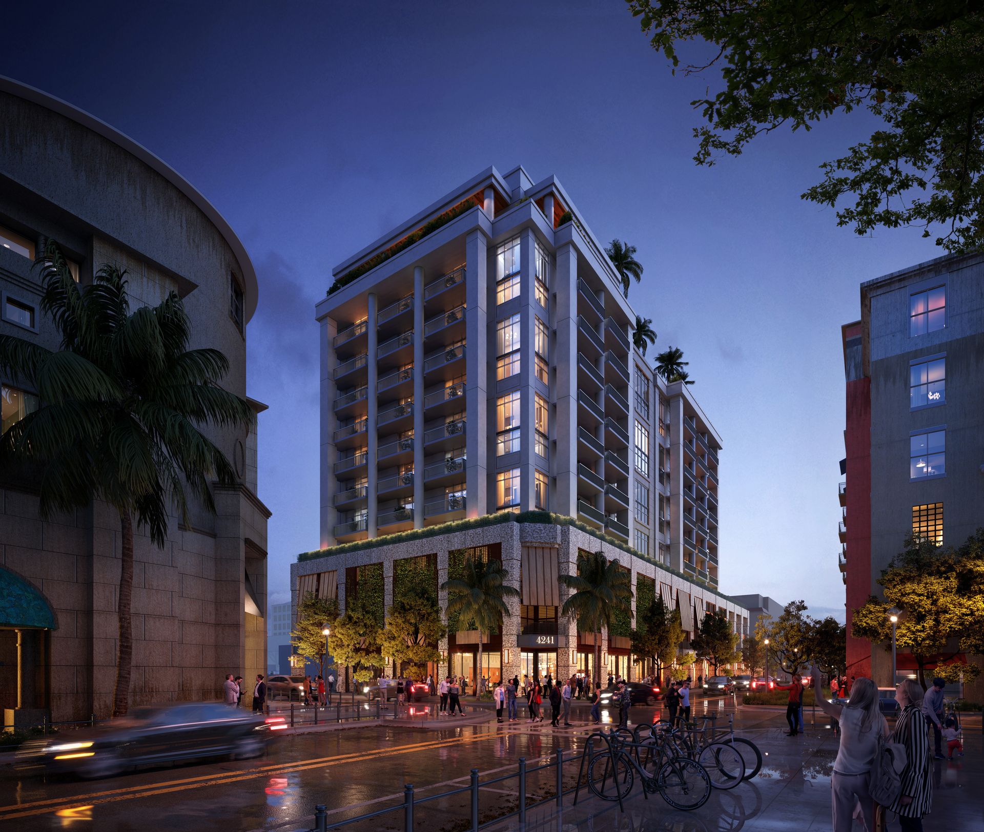 Cora Merrick Park at night beside Shops at Merrick Park