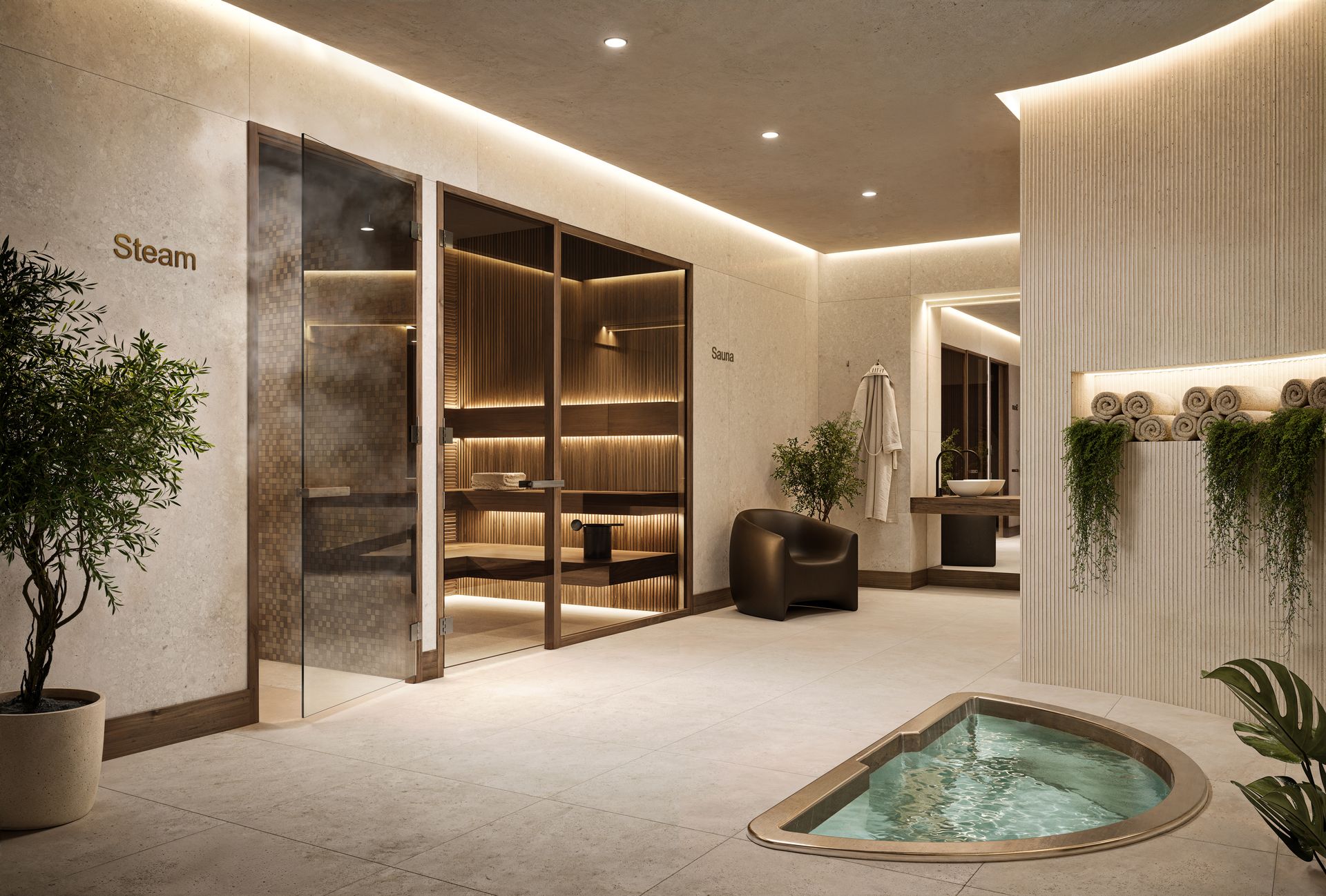 Spa with steam room and plunge pool